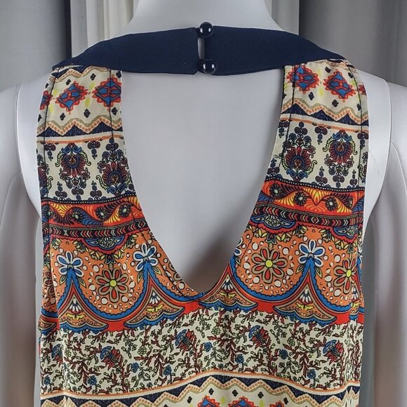 A. Byer Sleeveless Boho Print Shift Dress Navy Trim Keyhole Back Size M - Picture 5 of 13